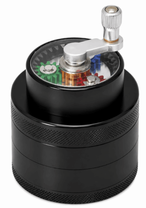 Crank handle on top of the black aluminium grinder